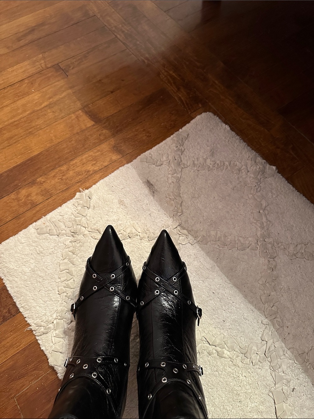 Pointed Toe Black Leather Grommet Strap Boots
